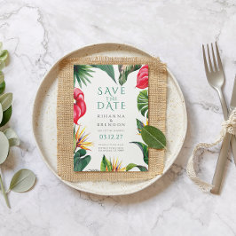 Tropische Blume und Blätter, die das Datum einheiz Einladung