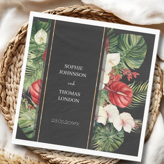 Tropische Blume und Blätter dunkle Aquarelle Hochz Serviette