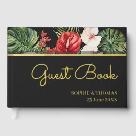 Tropische Blume und Blätter Dunkle Hochzeit Gästebuch