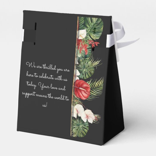 Tropische Blume und Blätter Dunkle Hochzeit Geschenkschachtel (Rückseite)