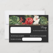 Tropische Blume und Blätter Dunkle Hochzeit RSVP Karte (Vorderseite)