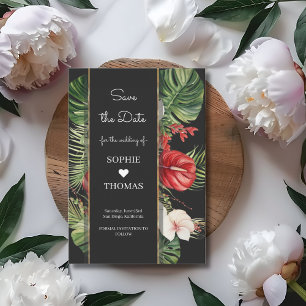 Tropische Blume und Blätter Dunkle Hochzeit Save The Date
