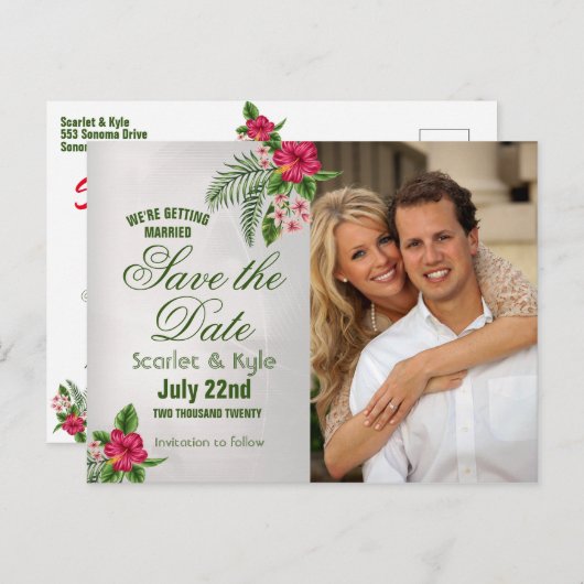Tropische Blume und Blätter Hochzeiten speichern d Ankündigungspostkarte (Vorne/Hinten)