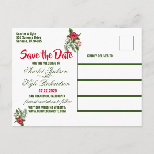 Tropische Blume und Blätter Hochzeiten speichern d Ankündigungspostkarte (Rückseite)