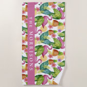 Tropische Blume und Blätter Pink Flamingo Custom Strandtuch (Vorderseite)