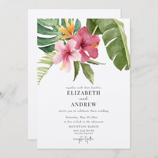 Tropische Blume und Blätter | Sommerhochzeit der B Einladung (Vorne/Hinten)