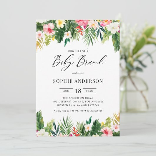 Tropische Blume und ein Baby-Brunch im Grünen Einladung (Stehend Vorderseite)