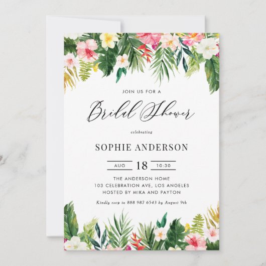 Tropische Blume und Grünes Sommer Brautparty Einladung (Vorderseite)