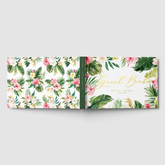 Tropische Blume und Grünrahmen Sommerhochzeit Gästebuch (Voll)
