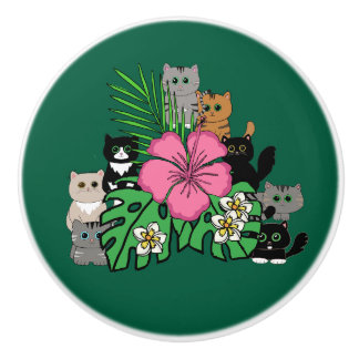 Tropische Blume und Kawaii Cats Keramik Pull Keramikknauf