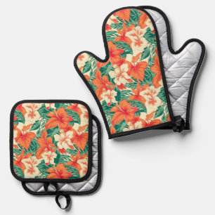 Tropische Blume und Muster der Blätter Ofenhandschuh & Topflappen-Set