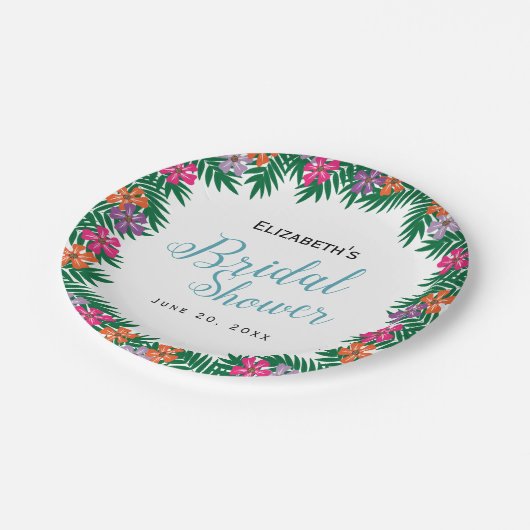 Tropische Blume und Palmbranchen-Brautparty Pappteller (Schrägansicht)