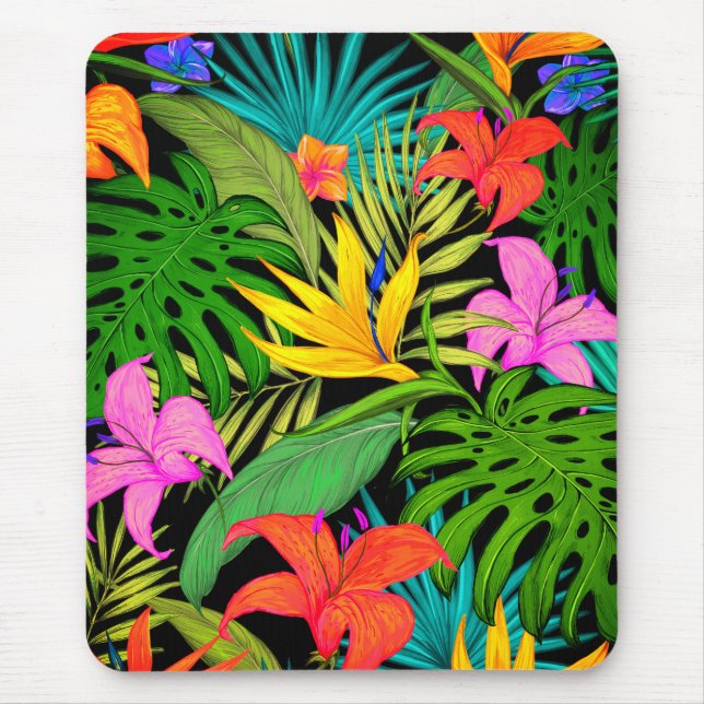 Tropische Blume und Palmenblatt Hawaiisch bunt Mousepad (Vorne)