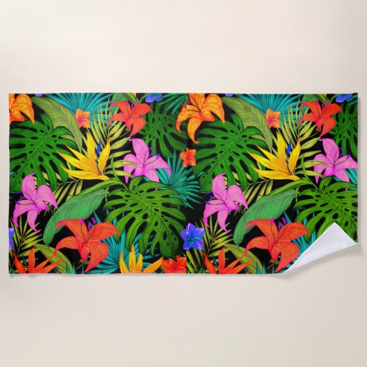 Tropische Blume und Palmenblatt Hawaiisch bunt Strandtuch (Vorderseite)