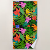 Tropische Blume und Palmenblatt Hawaiisch bunt Strandtuch (Vorderseite)