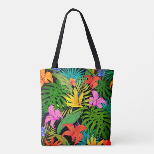 Tropische Blume und Palmenblatt Hawaiisch bunt Tasche (Rückseite)