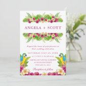 Tropische Blume und Papageien Einladung (Stehend Vorderseite)