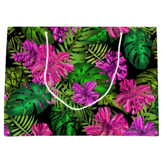 Tropische Blume und Pflanze in Schwarz Große Geschenktüte (Vorderseite)