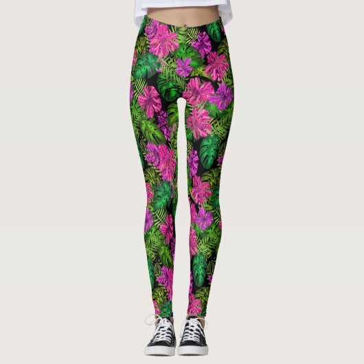 Tropische Blume und Pflanze in Schwarz Leggings (Vorderseite)