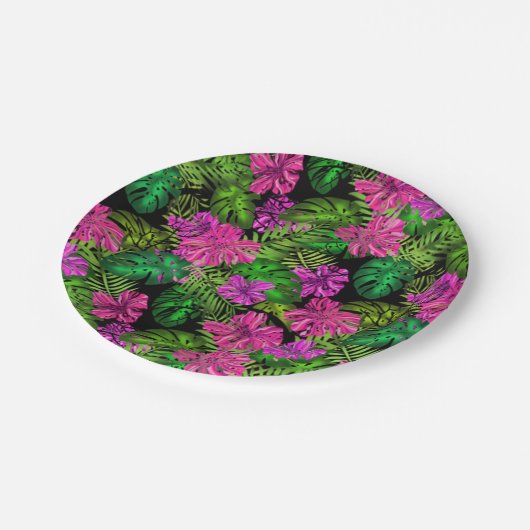 Tropische Blume und Pflanze in Schwarz Pappteller (Schrägansicht)