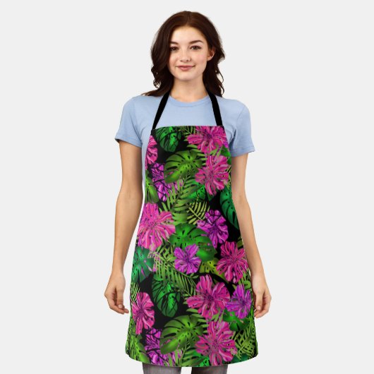 Tropische Blume und Pflanze in Schwarz Schürze (Getragen)