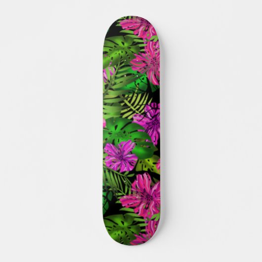 Tropische Blume und Pflanze in Schwarz Skateboard (Vorne)
