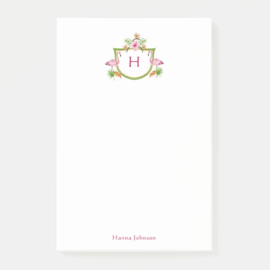 Tropische Blume und Vögel mit Monogramm Notepad Post-it Klebezettel (Vorderseite)