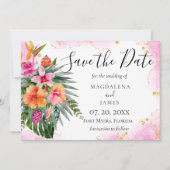 Tropische Blume Wasserfarbe Rosa Gold Glitzer Save The Date (Vorderseite)