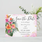 Tropische Blume Wasserfarbe Rosa Gold Glitzer Save The Date (Stehend Vorderseite)