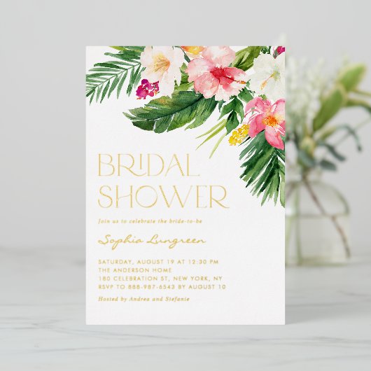 Tropische Blume Wasserfarbe Sommerliches Brautpart Folieneinladung (Stehend vorne)