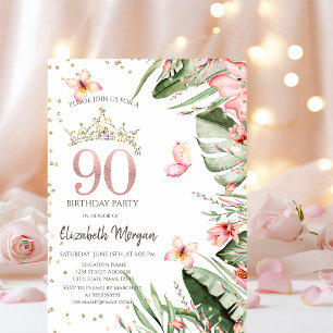 Tropische Blumen Blätter Diamanten 90. Geburtstag Einladung