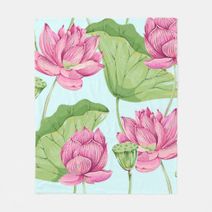 Tropische Blumen, Blätter, rosa Lotus, Wasserlilie Fleecedecke