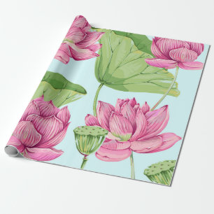 Tropische Blumen, Blätter, rosa Lotus, Wasserlilie Geschenkpapier