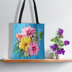 Tropische Blumen Blaue Holz Personalisierte AOP Tasche