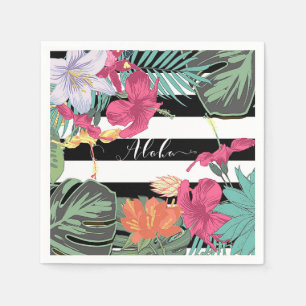 Tropische Blumen Blüten Blätter Schwarz Weiß Strei Serviette