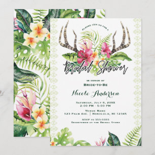 Tropische Blumen Boho Rustikaler Geweih-Hochzeitsd Einladung