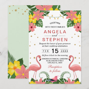 Tropische Blumen Flamingo Sommerhochzeit Einladung