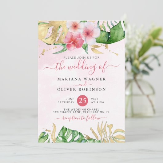 Tropische Blumen-Gold-Hochzeitsfeier Einladung (Stehend Vorderseite)