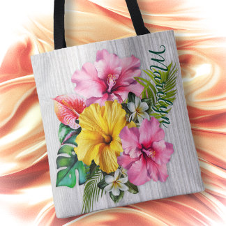 Tropische Blumen Grau Holz Personalisierte AOP Tasche