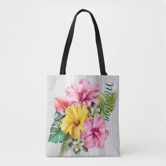 Tropische Blumen Graues Holz Personalisierte AOP Tasche (Vorderseite)