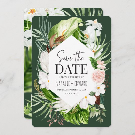 tropische Blumen in Rosa, aquamarin und orchid Save The Date (Vorne/Hinten)