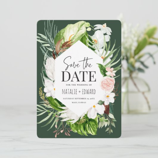 tropische Blumen in Rosa, aquamarin und orchid Save The Date (Stehend Vorderseite)