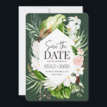 tropische Blumen in Rosa, aquamarin und orchid Save The Date<br><div class="desc">Rosa,  aquamarin und orchid tropisches Design. Schöner moderner Skripttext. Teil einer Sammlung.</div>