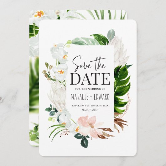tropische Blumen in Rosa, aquamarin und orchid Save The Date (Vorne/Hinten)