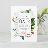 tropische Blumen in Rosa, aquamarin und orchid Save The Date (Stehend Vorderseite)