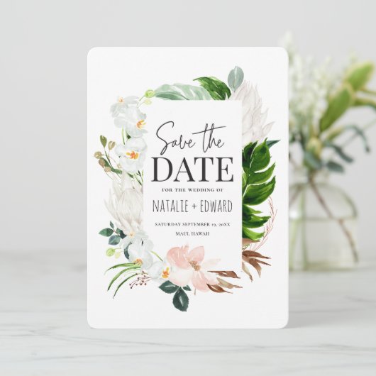 tropische Blumen in Rosa, aquamarin und orchid Save The Date (Stehend Vorderseite)