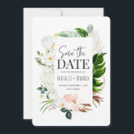 tropische Blumen in Rosa, aquamarin und orchid Save The Date<br><div class="desc">Modernes tropisches florales botanisches Design. Schöner,  orchid rosa Aquarell floraler und botanischer Schrift Text. Teil einer Sammlung.</div>