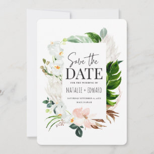 tropische Blumen in Rosa, aquamarin und orchid Save The Date