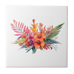 Tropische Blumen in Rosa Pfirsich Gelb Orange  Fliese