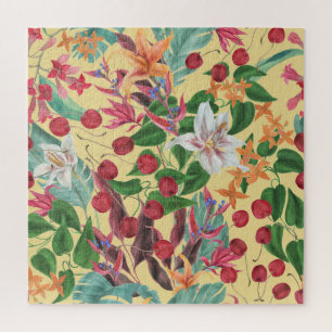 Tropische Blumen Kirsche: Wasserfarb-Nahtloses Mus Puzzle